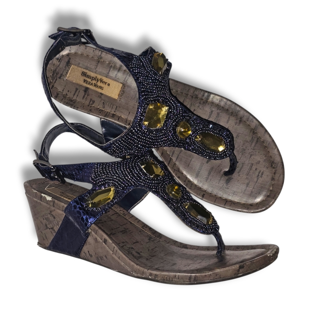 Simply Vera Vera Wang Women's Size 6 Navy Blue Jeweled Wedge Sandals Ankle Strap